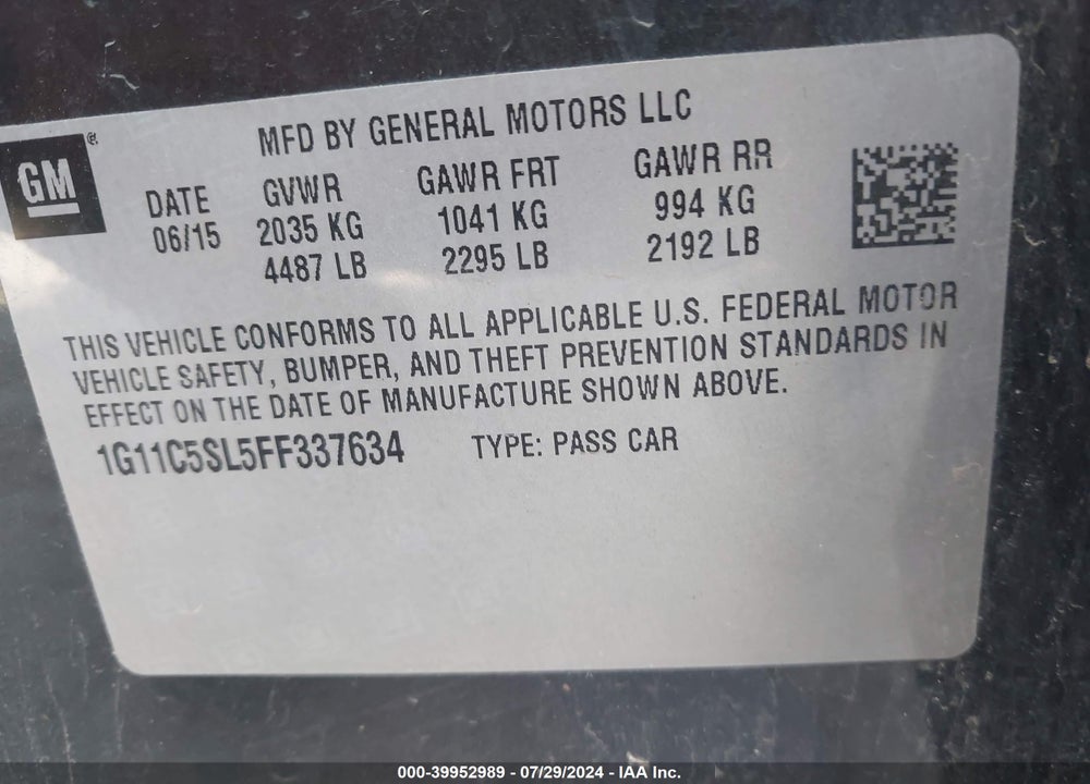 2015 CHEVROLET MALIBU VIN: 1G11C5SL5FF337634