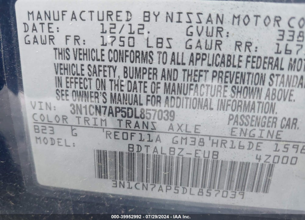 2013 NISSAN VERSA 1.6 SV VIN: 3N1CN7AP5DL857039
