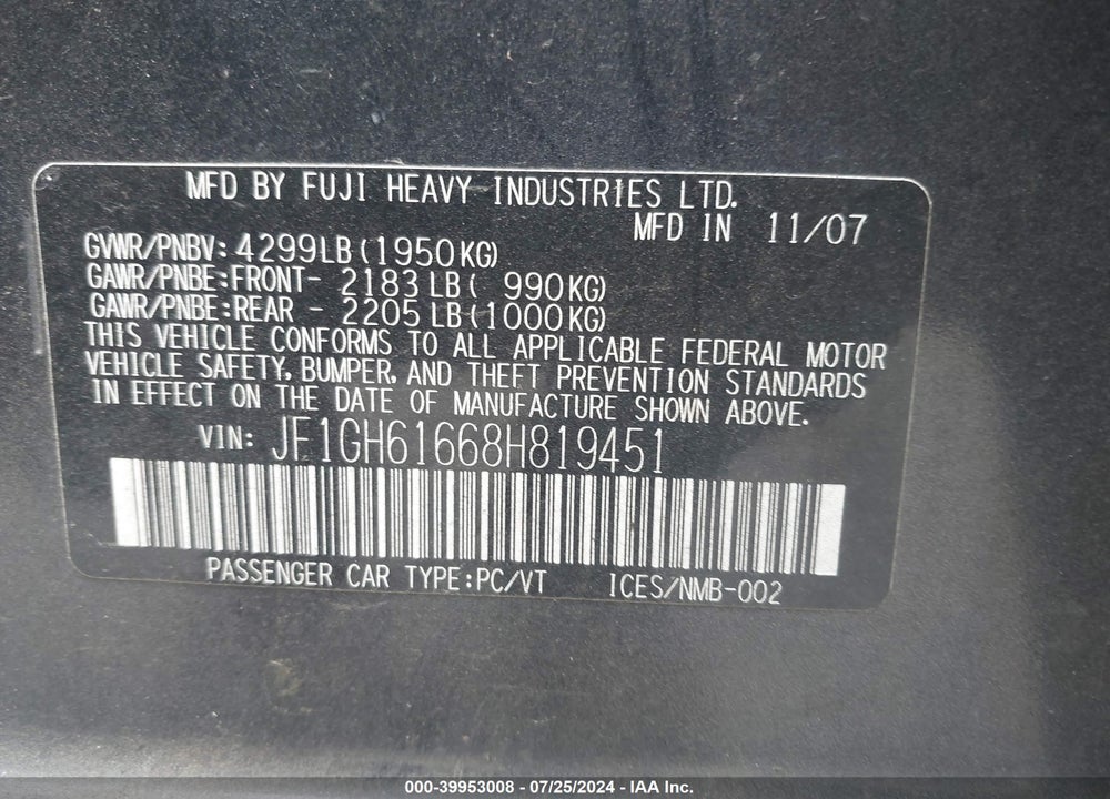 2008 SUBARU IMPREZA 2.5I VIN: JF1GH61668H819451