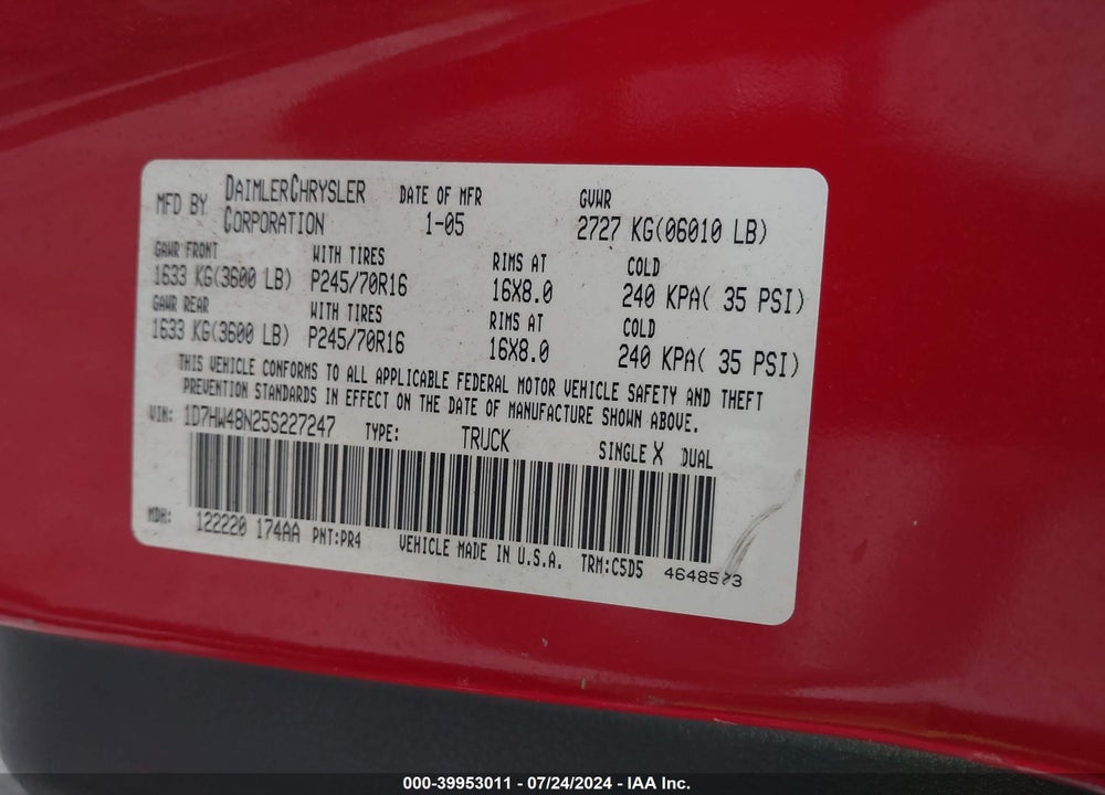 2005 DODGE DAKOTA SLT VIN: 1D7HW48N25S227247