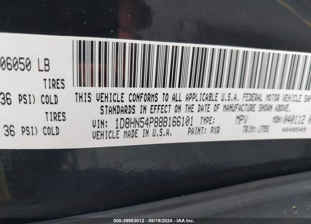 2008 DODGE GRAND CARAVAN SXT VIN: 1D8HN54P88B166101