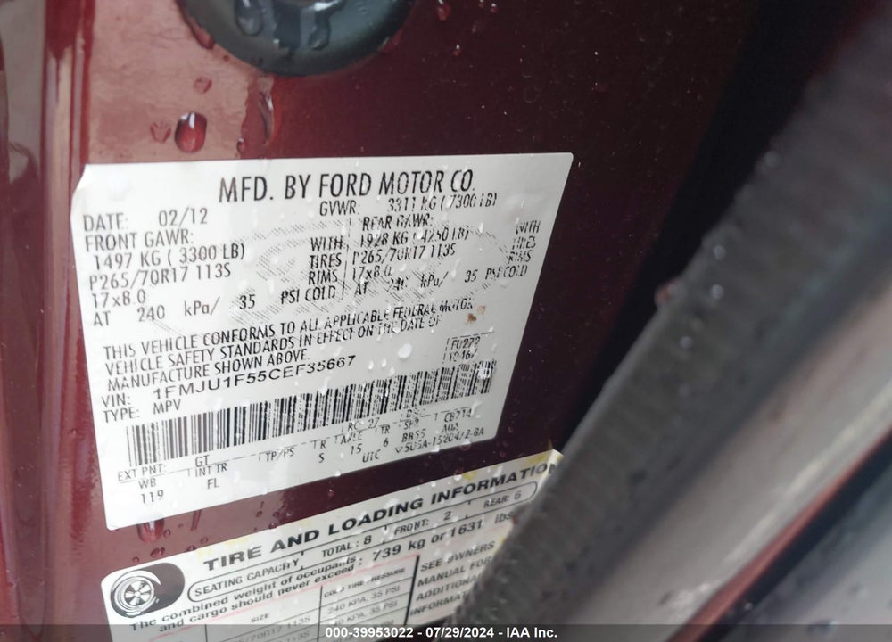 2012 FORD EXPEDITION XL VIN: 1FMJU1F55CEF35667
