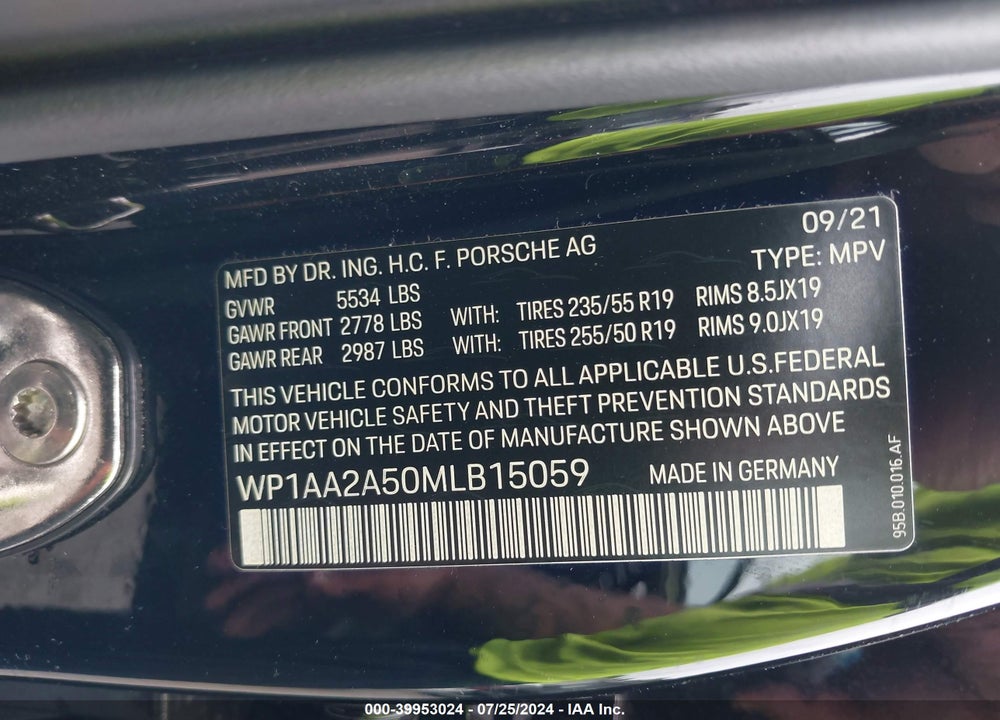 2021 PORSCHE MACAN VIN: WP1AA2A50MLB15059