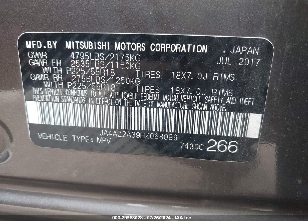 2017 MITSUBISHI OUTLANDER ES VIN: JA4AZ2A39HZ068099