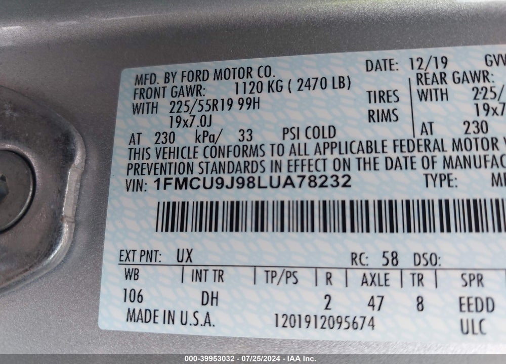 2020 FORD ESCAPE TITANIUM VIN: 1FMCU9J98LUA78232