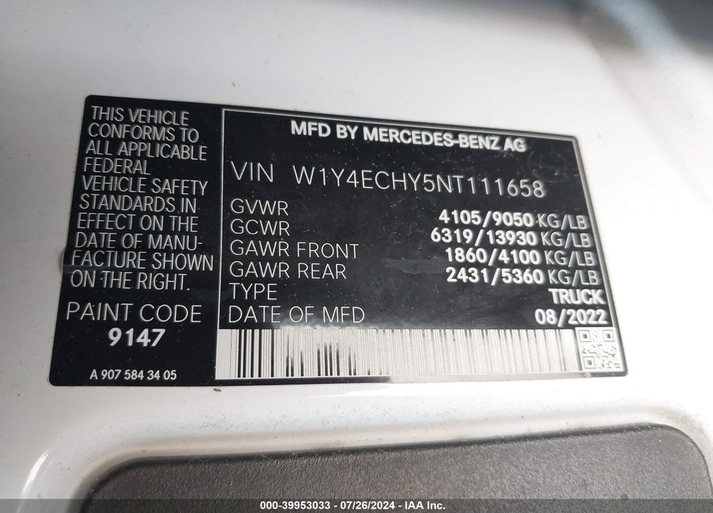 2022 MERCEDES-BENZ SPRINTER 2500 HIGH ROOF V6 VIN: W1Y4ECHY5NT111658