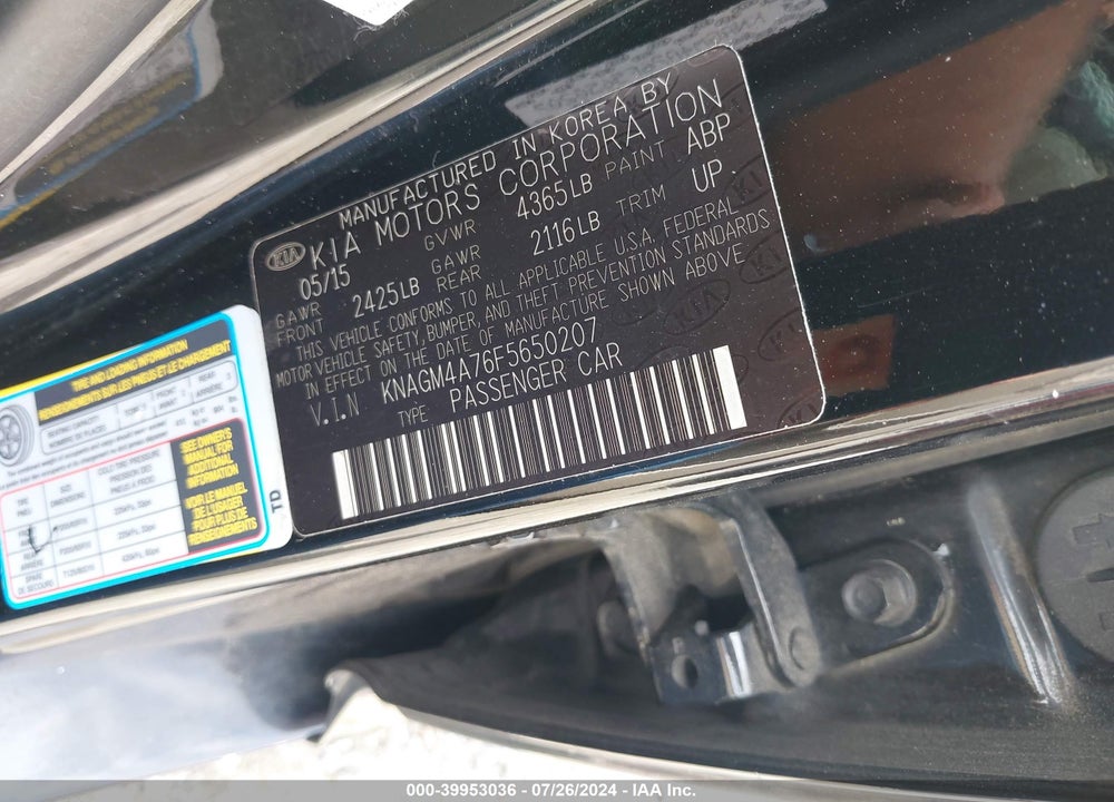 2015 KIA OPTIMA LX VIN: KNAGM4A76F5650207