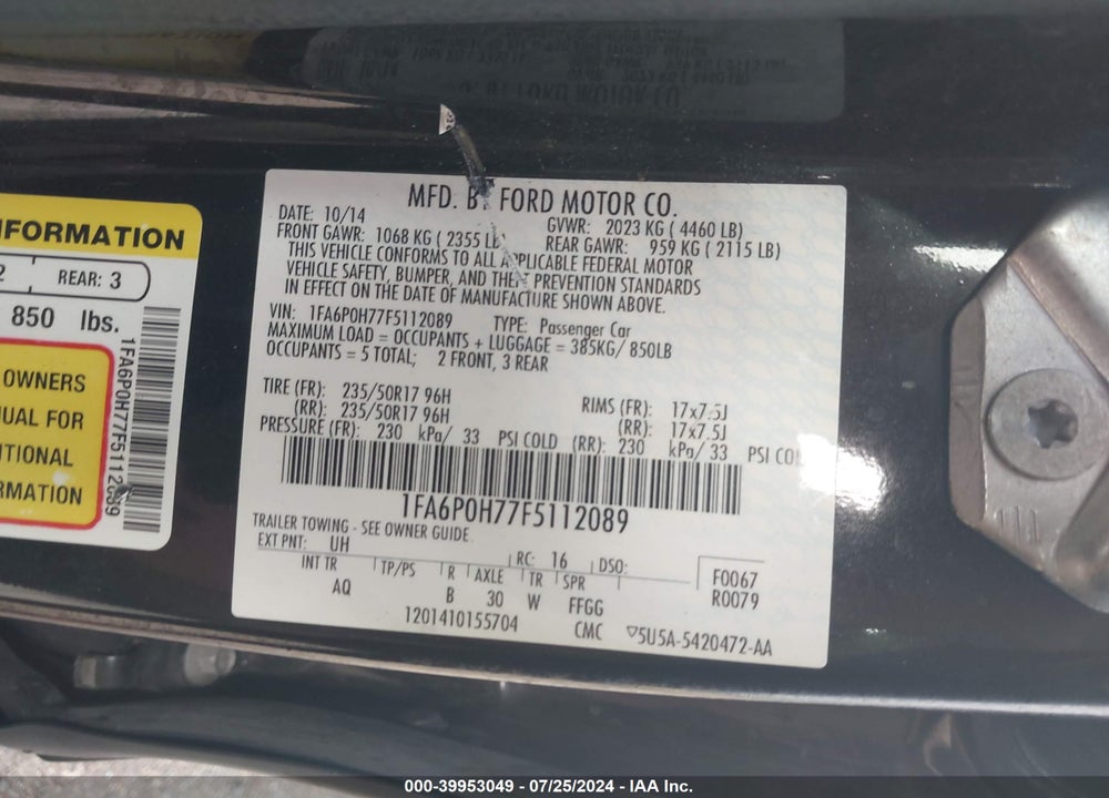 2015 FORD FUSION SE VIN: 1FA6P0H77F5112089