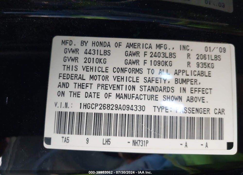 2009 HONDA ACCORD 2.4 EX-L VIN: 1HGCP26829A094330