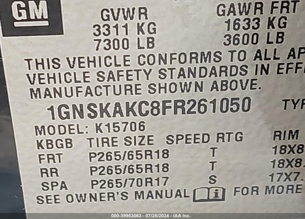 2015 CHEVROLET TAHOE LS VIN: 1GNSKAKC8FR261050