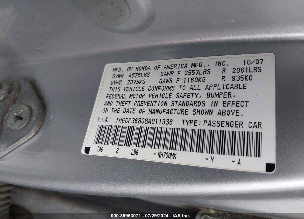 2008 HONDA ACCORD 3.5 EX-L VIN: 1HGCP36808A011336