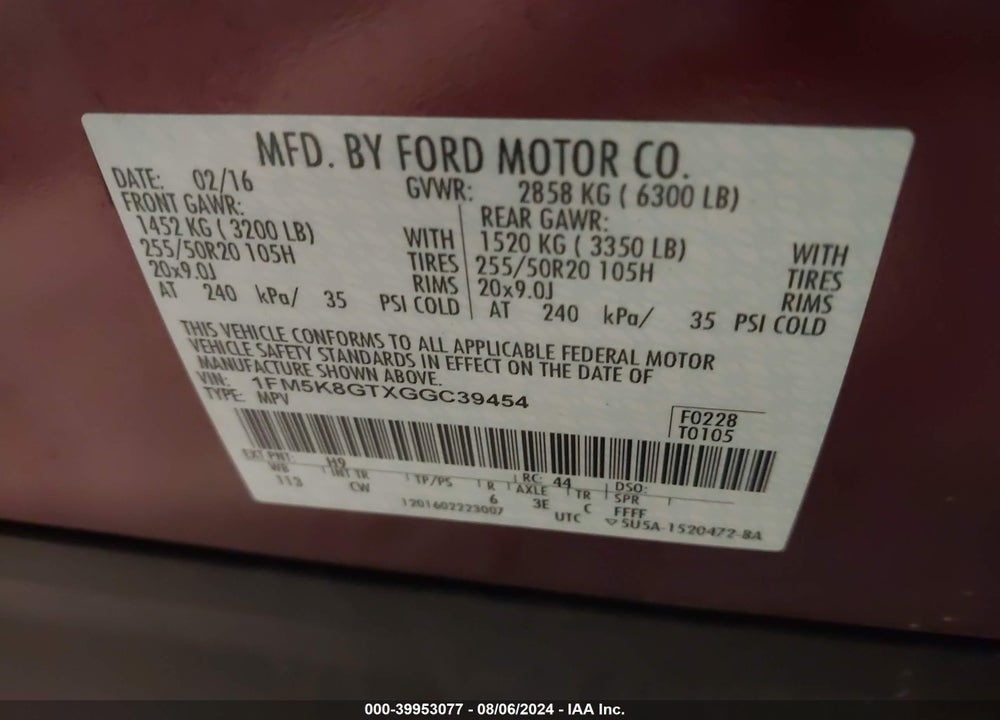 2016 FORD EXPLORER SPORT VIN: 1FM5K8GTXGGC39454