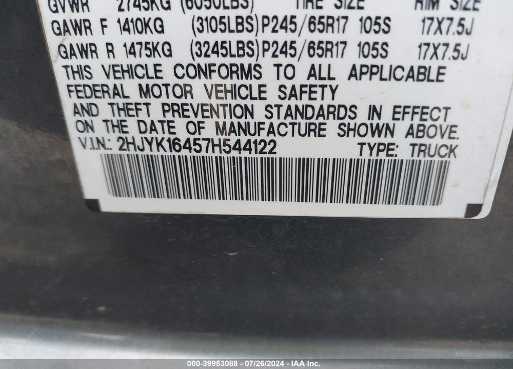 2007 HONDA RIDGELINE RTS VIN: 2HJYK16457H544122