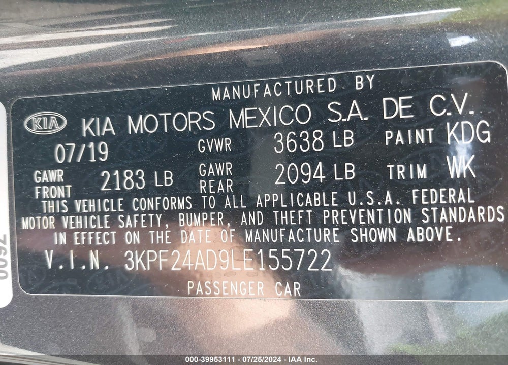 2020 KIA FORTE FE VIN: 3KPF24AD9LE155722