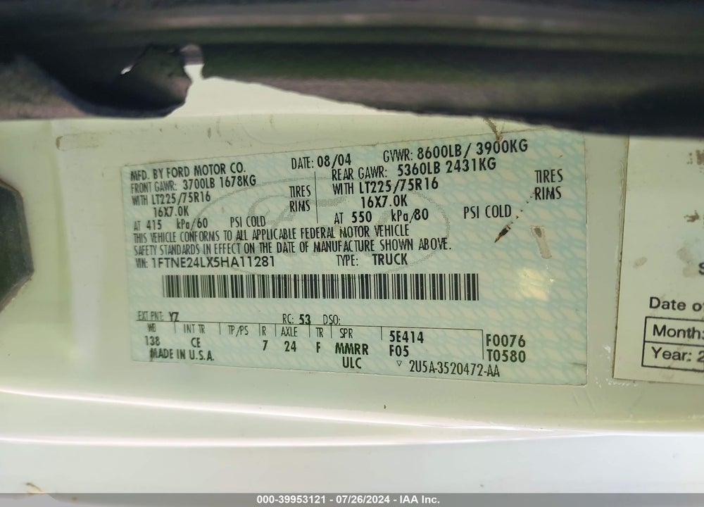 2005 MERC FORD E-250 COMIAL/RECREATIONAL VIN: 1FTNE24LX5HA11281