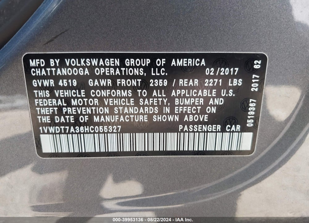 2017 VOLKSWAGEN PASSAT 1.8T R-LINE VIN: 1VWDT7A36HC055327