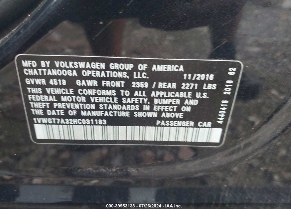 2017 VOLKSWAGEN PASSAT 1.8T SE VIN: 1VWGT7A32HC031183