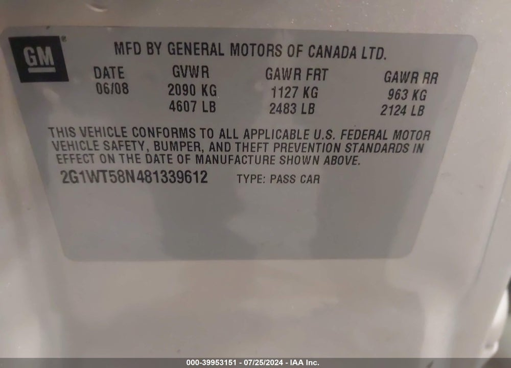 2008 CHEVROLET IMPALA LT VIN: 2G1WT58N481339612