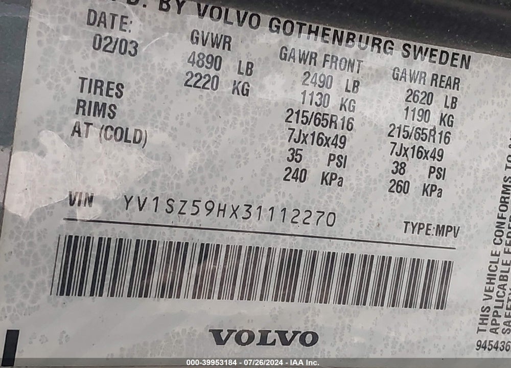 2003 VOLVO XC70 2.5T VIN: YV1SZ59HX31112270