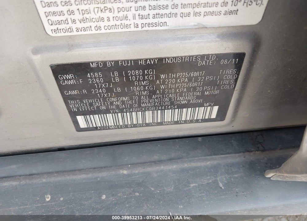2011 SUBARU OUTBACK 2.5I LIMITED VIN: 4S4BRCKC0B3441454