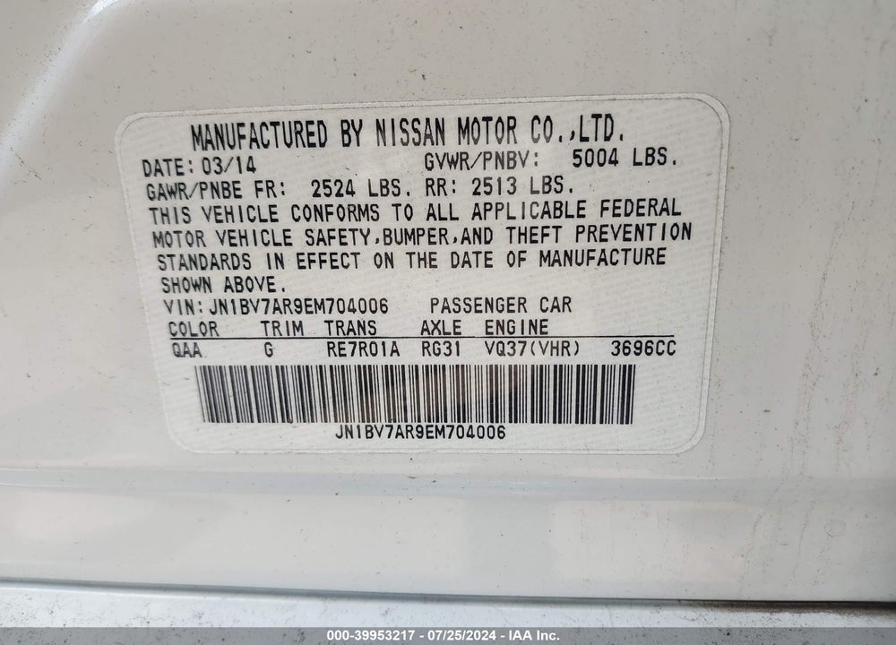 2014 INFINITI Q50 SPORT VIN: JN1BV7AR9EM704006