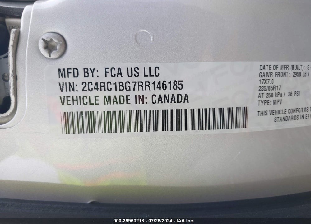 2024 CHRYSLER PACIFICA TOURING L VIN: 2C4RC1BG7RR146185