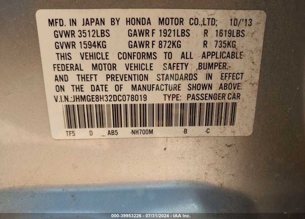 2013 HONDA FIT VIN: JHMGE8H32DC078019