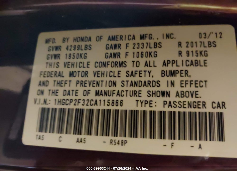 2012 HONDA ACCORD 2.4 LX VIN: 1HGCP2F32CA115866