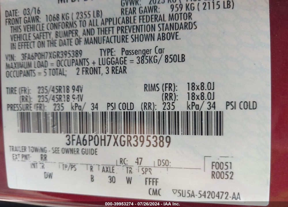 2016 FORD FUSION SE VIN: 3FA6P0H7XGR395389