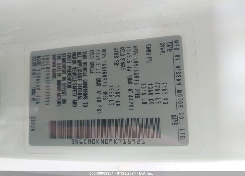 2015 NISSAN NV200 SV VIN: 3N6CM0KN0FK715921