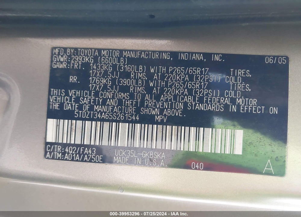 2005 TOYOTA SEQUOIA SR5 V8 VIN: 5TDZT34A65S261544