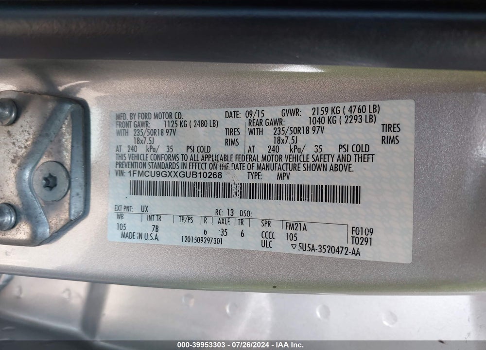 2016 FORD ESCAPE SE VIN: 1FMCU9GXXGUB10268