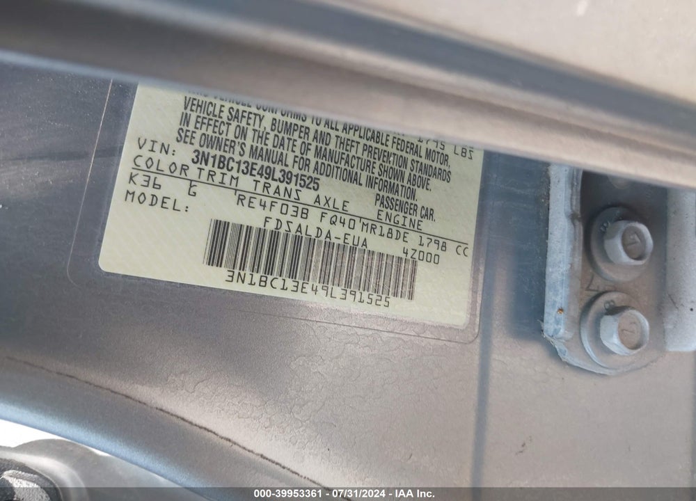 2009 NISSAN VERSA 1.8S VIN: 3N1BC13E49L391525