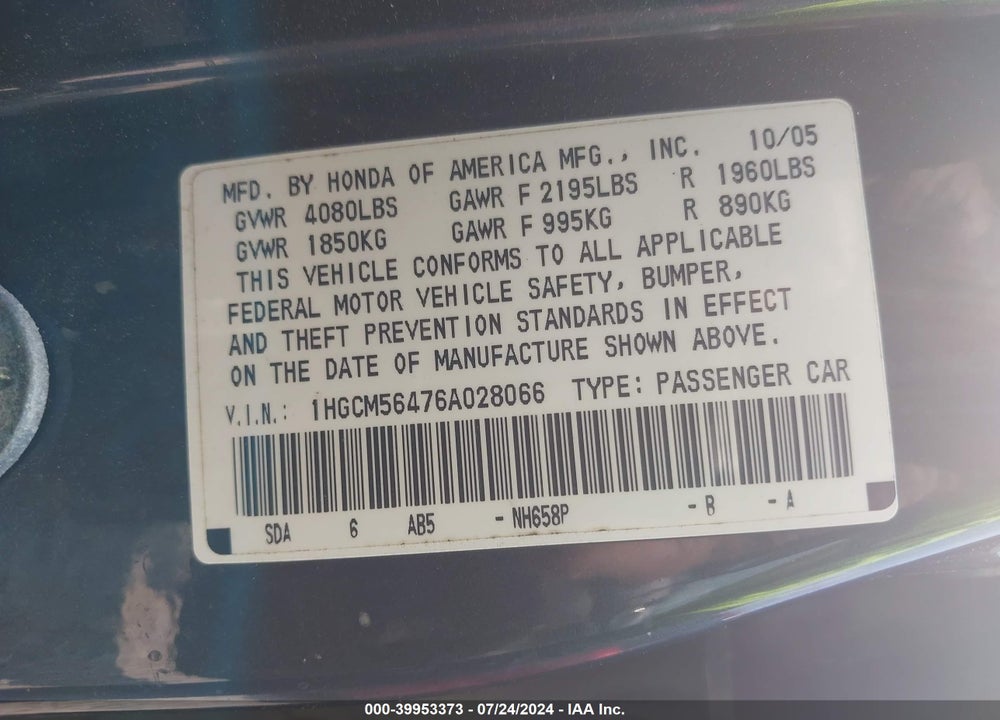 2006 HONDA ACCORD 2.4 LX VIN: 1HGCM56476A028066