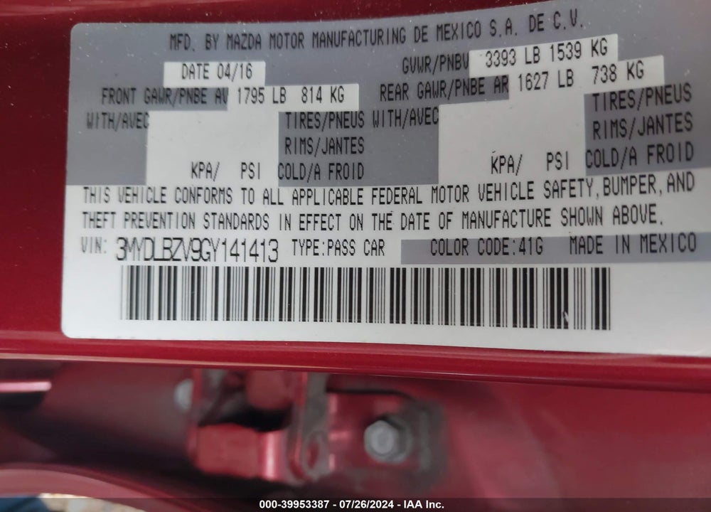 2016 SCION IA VIN: 3MYDLBZV9GY141413