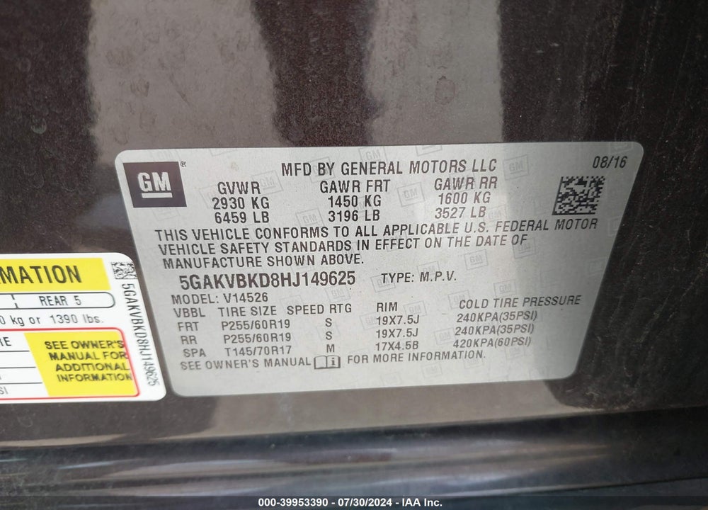 2017 BUICK ENCLAVE LEATHER VIN: 5GAKVBKD8HJ149625