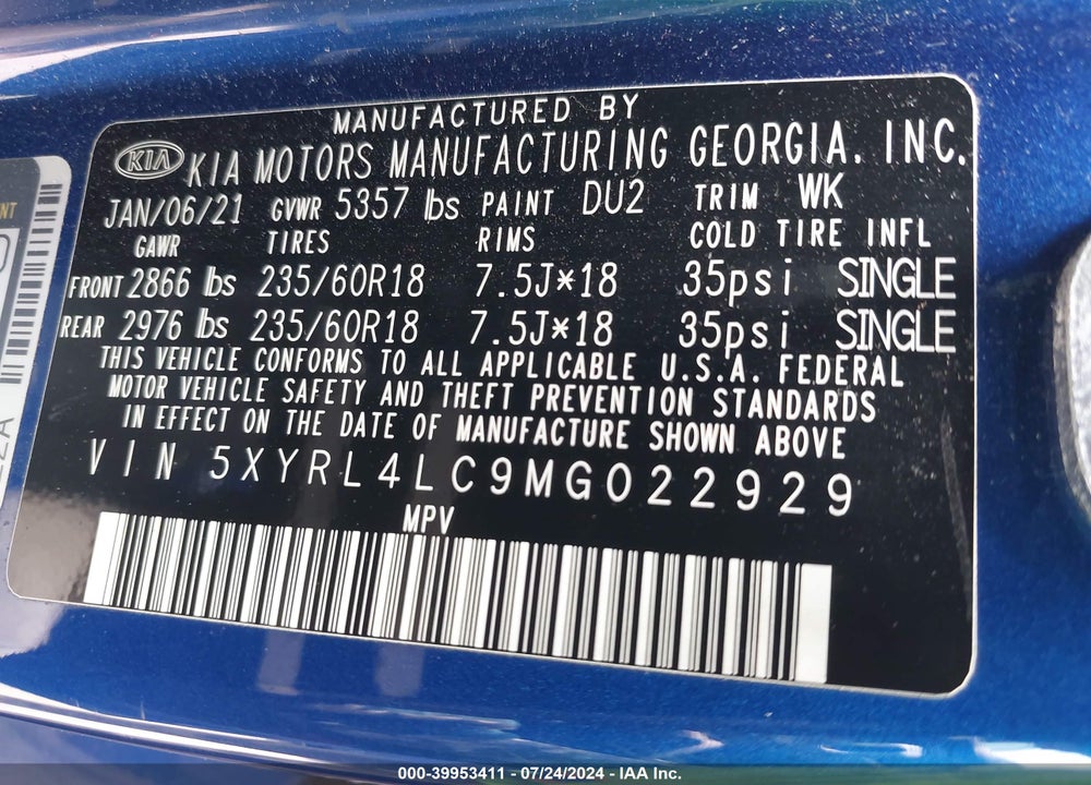 2021 KIA SORENTO S VIN: 5XYRL4LC9MG022929