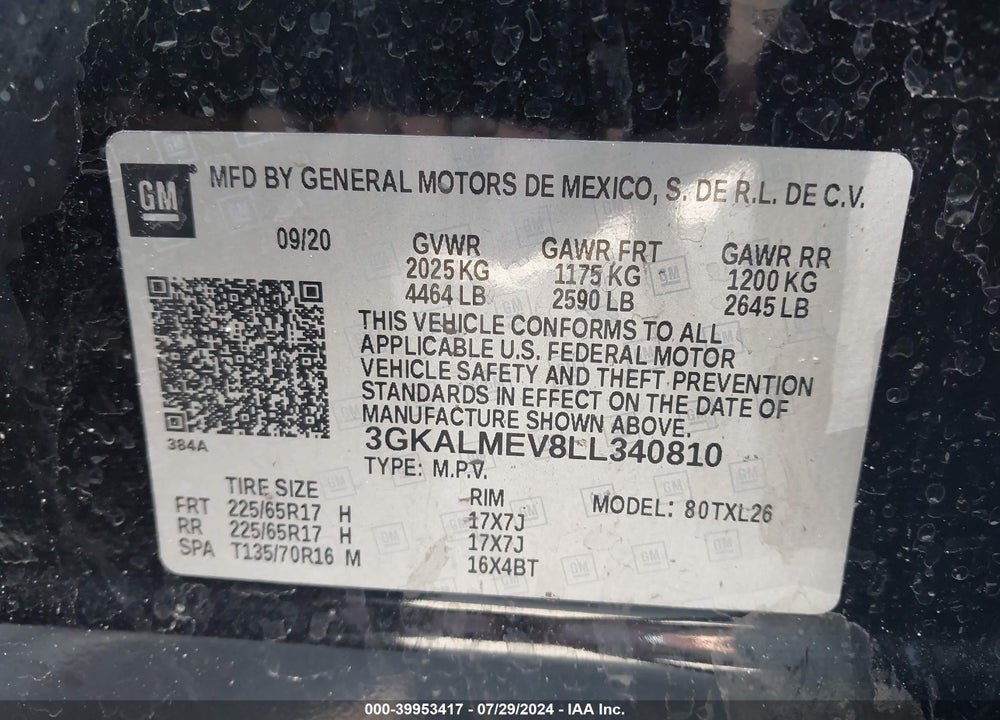 2020 GMC TERRAIN FWD SLE VIN: 3GKALMEV8LL340810