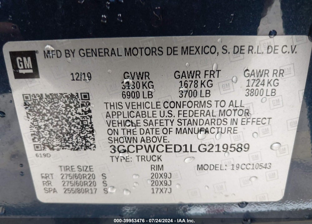 2020 CHEVROLET SILVERADO 1500 2WD SHORT BED LT VIN: 3GCPWCED1LG219589