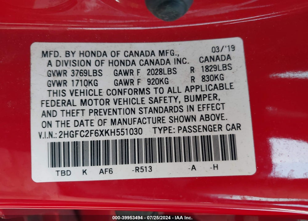 2019 HONDA CIVIC LX VIN: 2HGFC2F6XKH551030