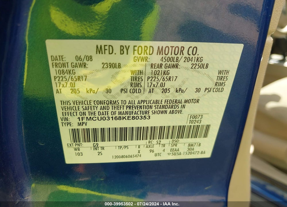 2008 FORD ESCAPE XLT VIN: 1FMCU03168KE80353