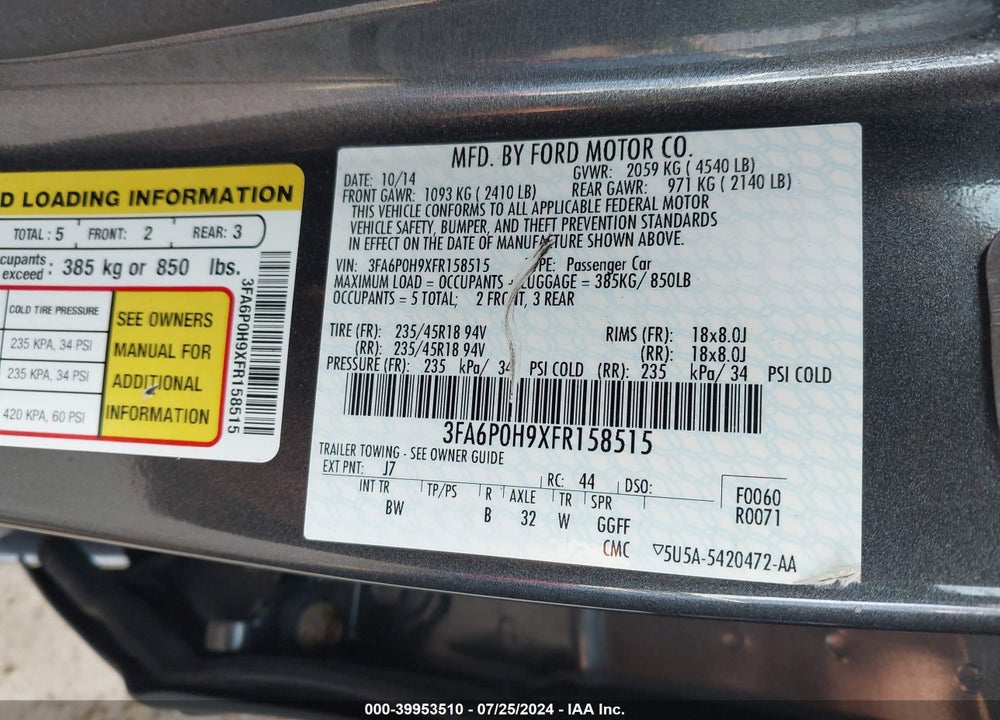 2015 FORD FUSION SE VIN: 3FA6P0H9XFR158515