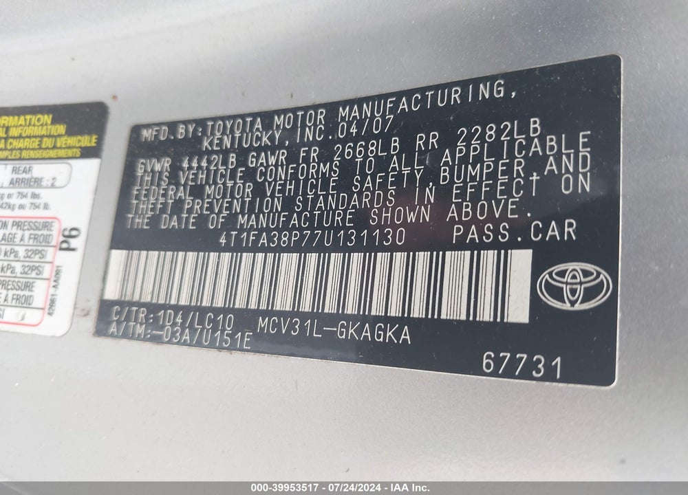 2007 TOYOTA CAMRY SOLARA VIN: 4T1FA38P77U131130