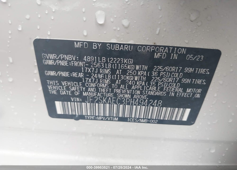 2023 SUBARU FORESTER PREMIUM VIN: JF2SKAEC3PH494248