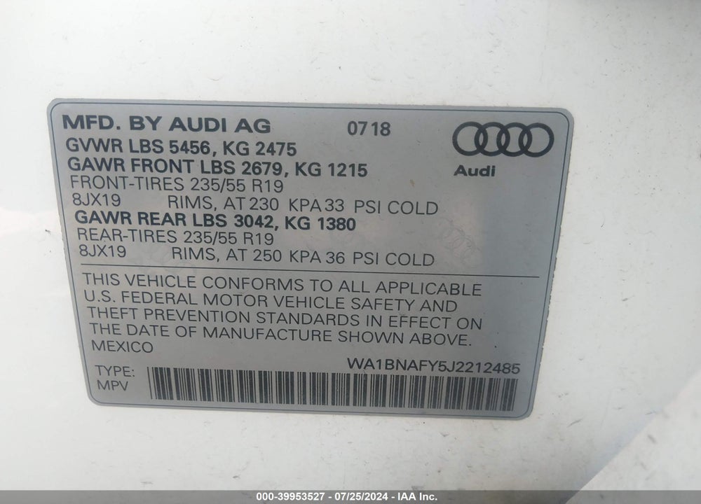 2018 AUDI Q5 2.0T PREMIUM/2.0T TECH PREMIUM VIN: WA1BNAFY5J2212485
