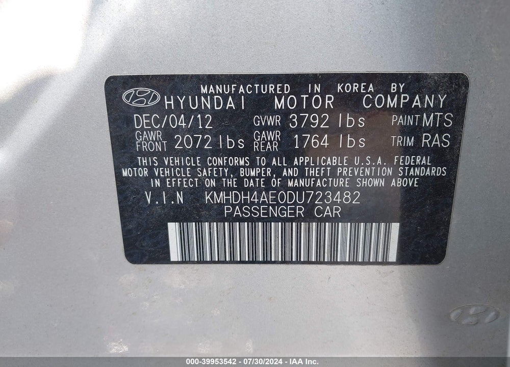 2013 HYUNDAI ELANTRA VIN: KMHDH4AE0DU723482