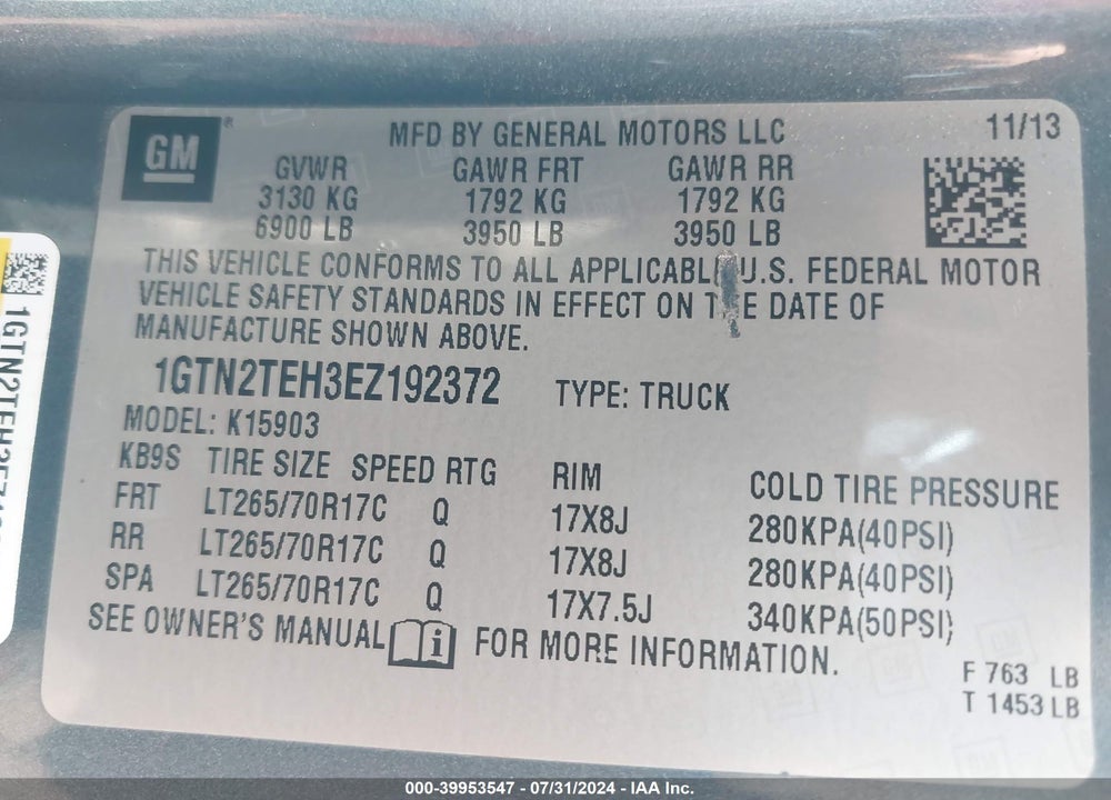 2014 GMC SIERRA 1500 VIN: 1GTN2TEH3EZ192372