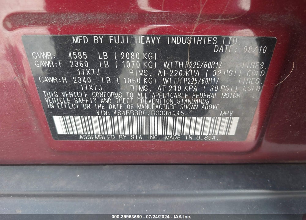 2011 SUBARU OUTBACK 2.5I PREMIUM VIN: 4S4BRBBC2B3338045