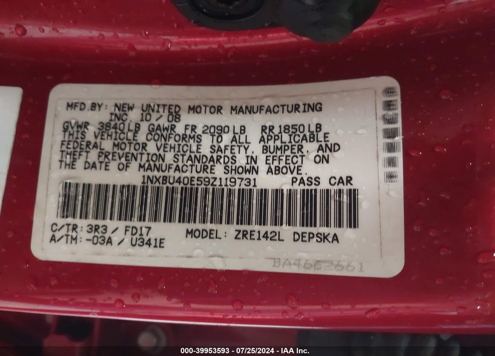 2009 TOYOTA COROLLA VIN: 1NXBU40E59Z119731