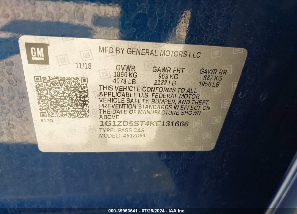 2019 CHEVROLET MALIBU LT VIN: 1G1ZD5ST4KF131666